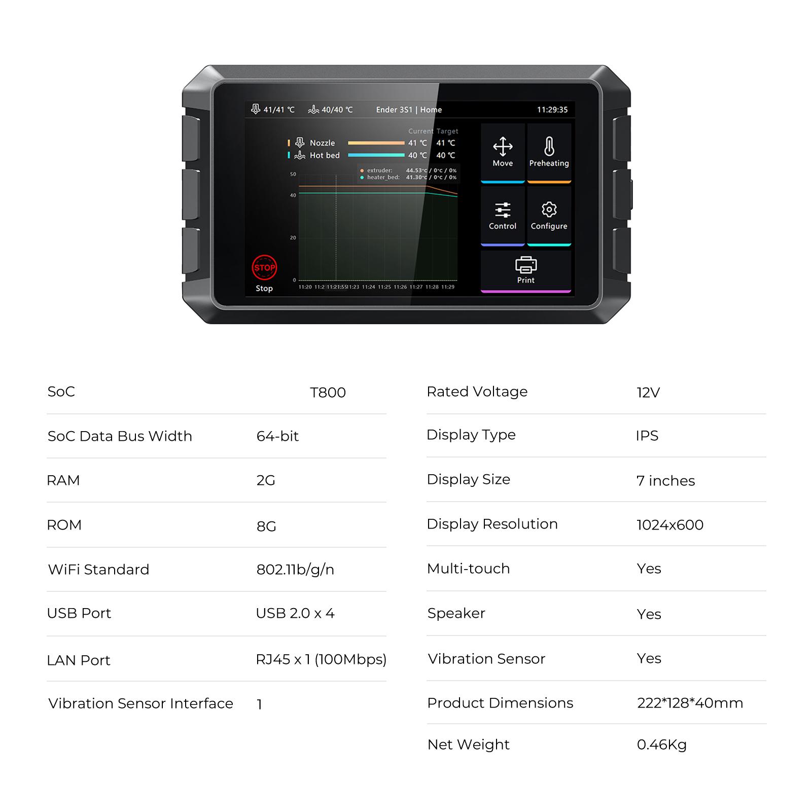 

Creality 3D Sonic Pad для FDM 3D-принтера с несколькими интерфейсами 7-дюймовый сенсорный экран ОЗУ 2 ГБ ПЗУ 8 ГБ Интегрированный дизайн чёрный