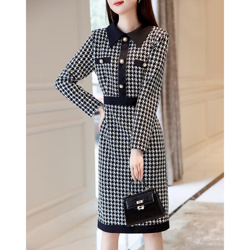 Demana Modern Houndstooth Lapel Long-Sleeve Dress