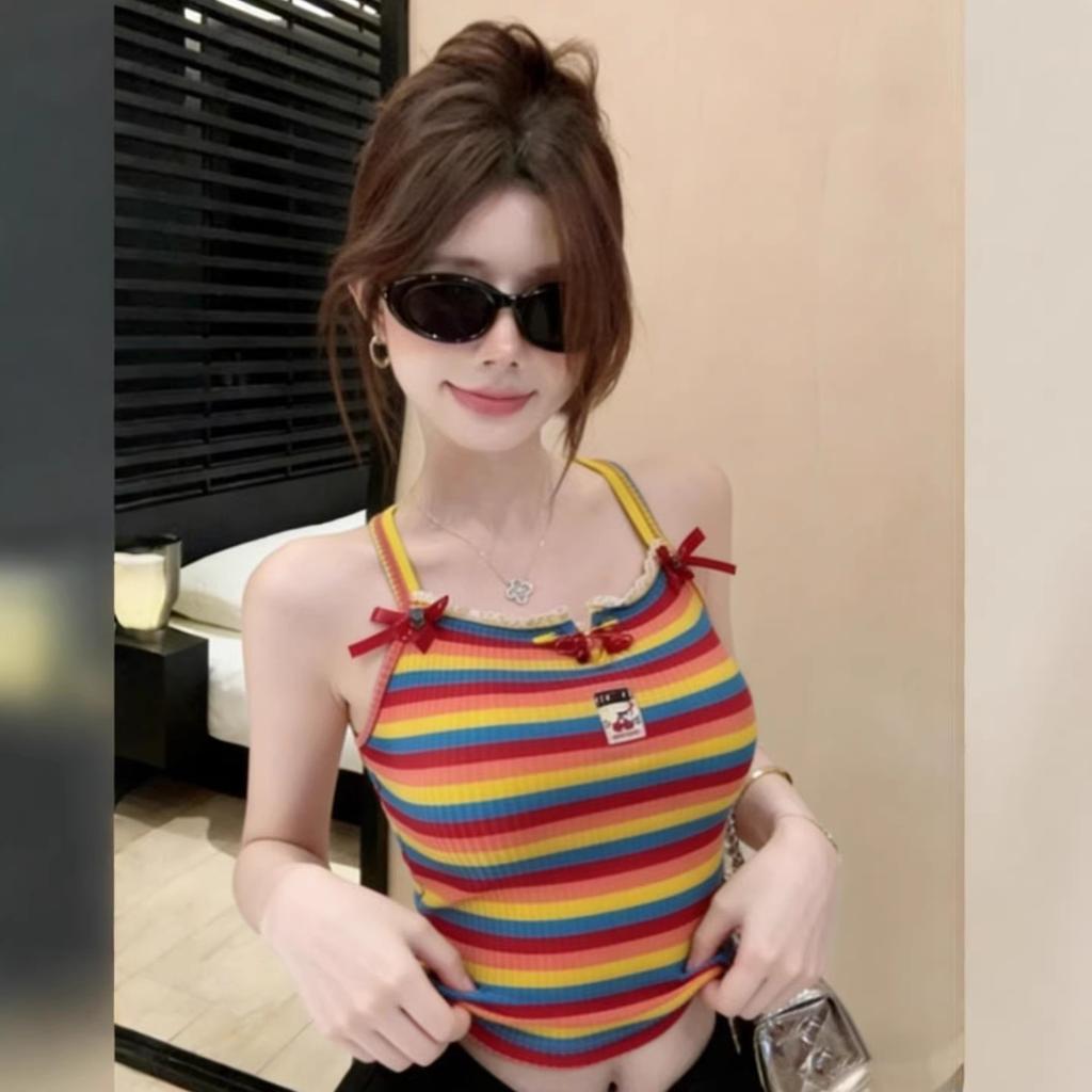 Dopamine Color Striped Vest Women's Summer Small Age Reduction Skinny Straps Small Suspender Versatile Inner Top
