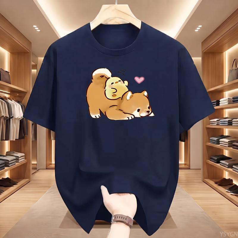 Kawaii Shiba Inu and Chick Graphic T Shirt Cute Cartoon Dog Print Summer Short Sleeve Loose Top Tee for Women