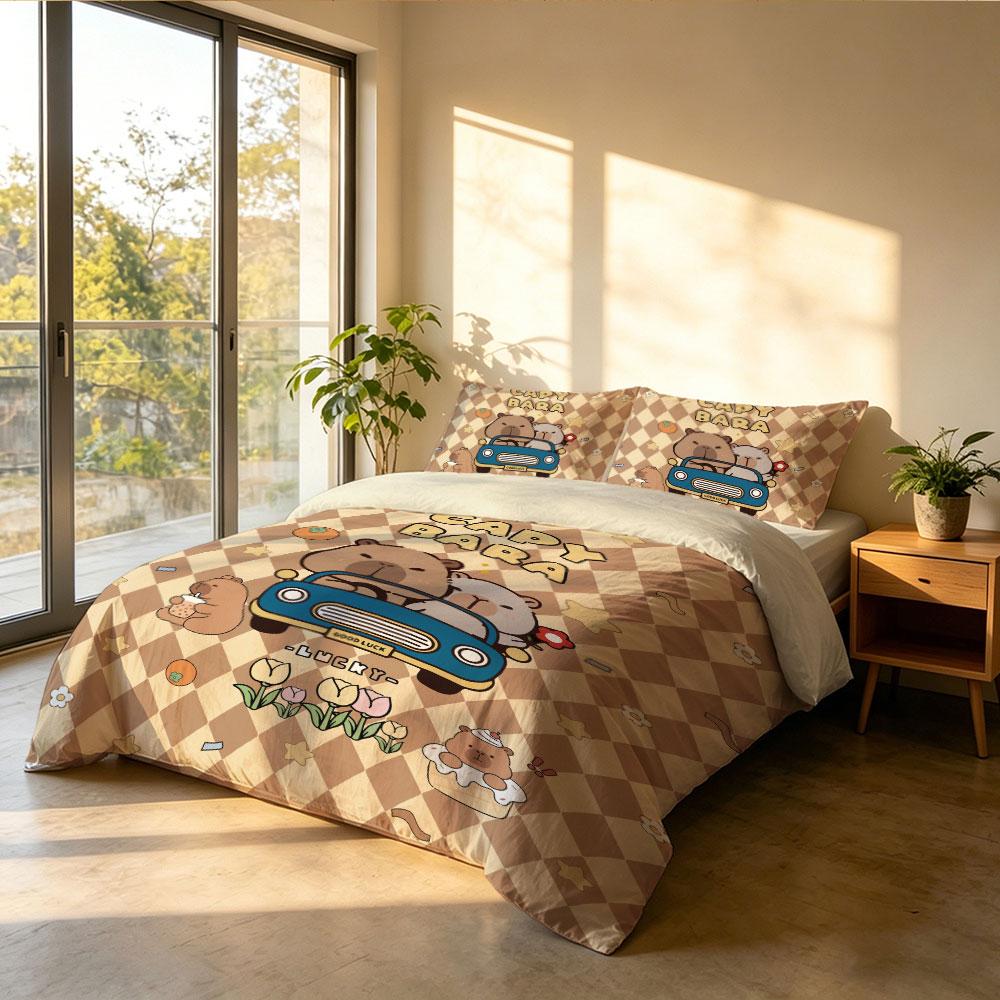 Baby Capybara Bettbezug Set 3-teilig Cartoon Fahrendes Auto Print Bettwäsche Set mit Kissenbezügen für Kinderzimmer