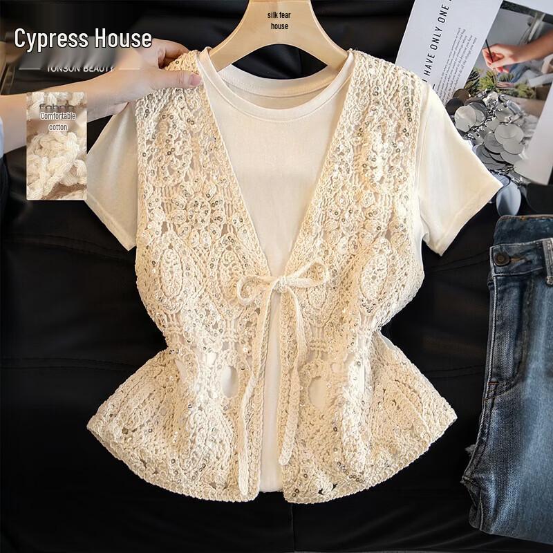 Women s Pure Cotton Crochet Sequin Vest Top One Size