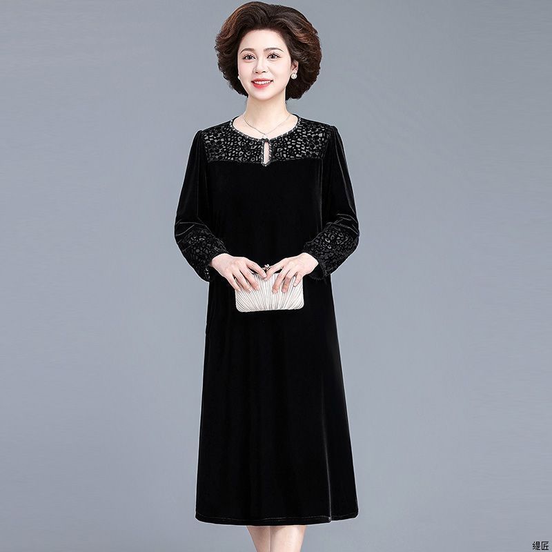 Autumn Winter Women's Gold Velvet Dress Crew Neck Plus Size Dress Long Dresses