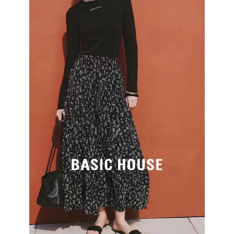 Basic House Spring 2026 Korean Style Black Floral High-Waist A-Line Midi Skirt S