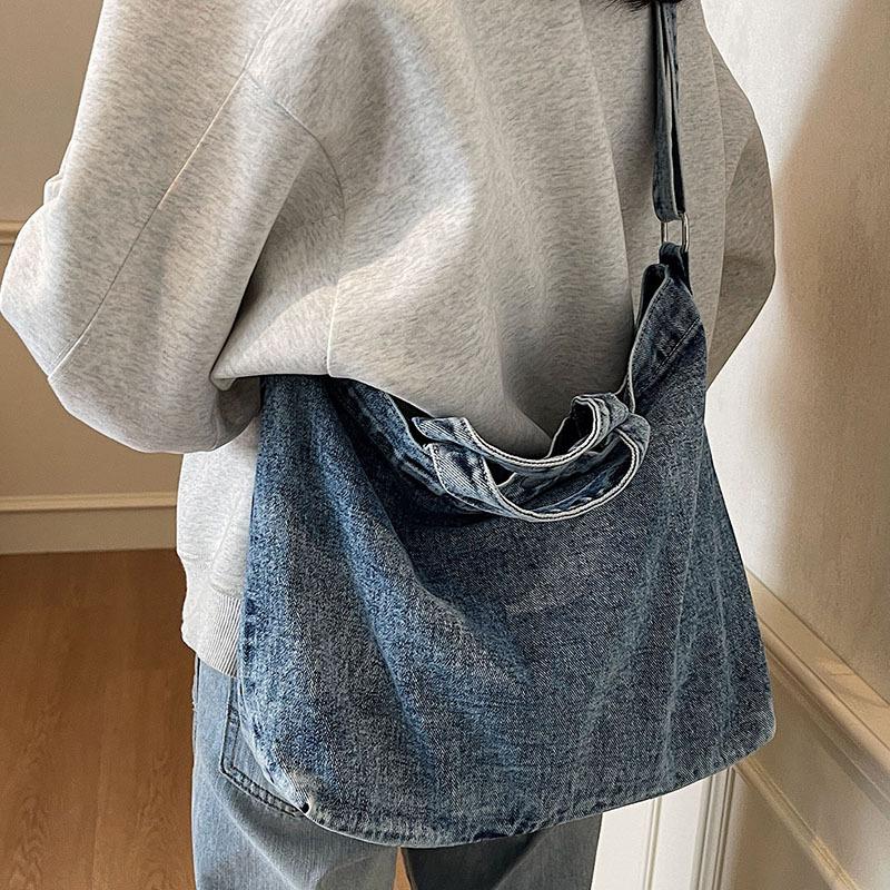 Large Capacity Tote Bag Women's New Denim Canvas Bag Retro Casual Crossbody Bag College Student Literary Shoulder Bag