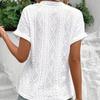 Ladies Summer Short Sleeve V Neck Solid Color Jacquard Pullover Hollow T Shirt Top