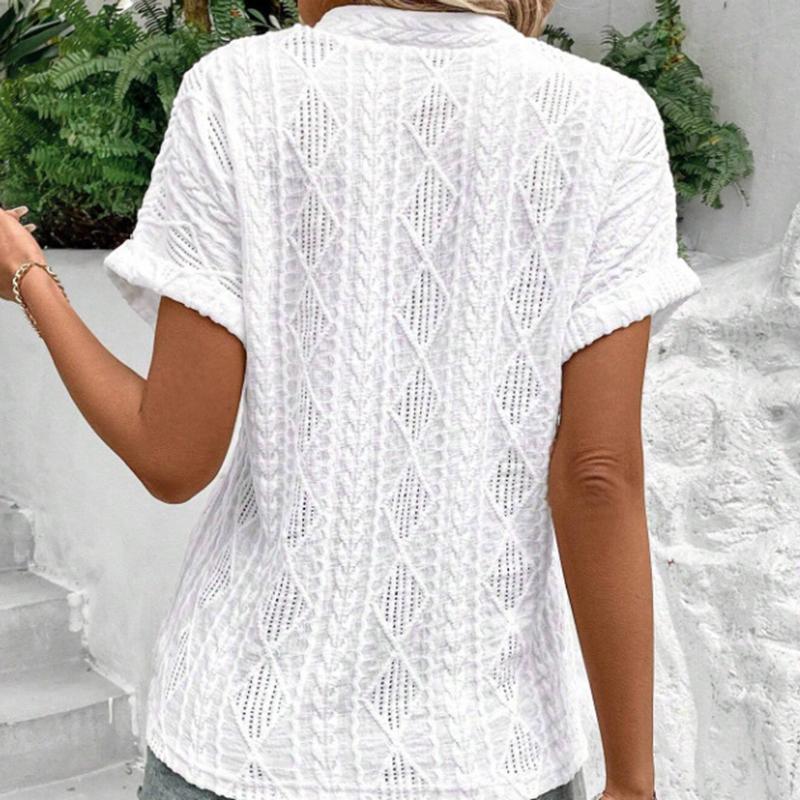 Ladies Summer Short Sleeve V Neck Solid Color Jacquard Pullover Hollow T Shirt Top