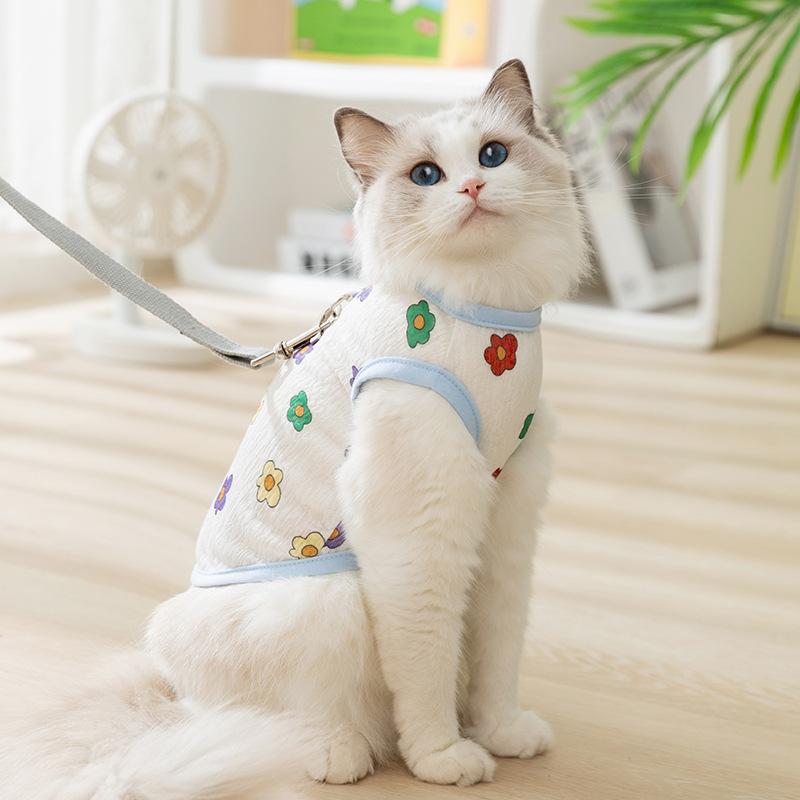 Spring and Summer Cute Full-printed Mesh Traction Vest Cat Clothes Anti-hair Loss Spring and Summer Thin Muppet British Short American Short