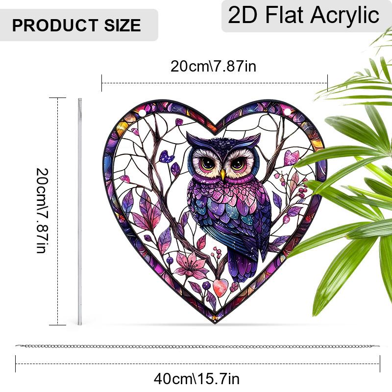 2D Flaches Herz Acryl Eule Fensterdeko, Buntglas-Effekt Hängendes Ornament für Zuhause, Schlafzimmer, Küche, Niedliches Geschenk für Freunde & Familie