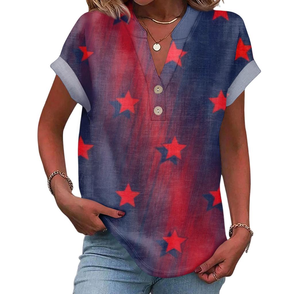 Women's Casual Fashion V-Neck Button Independence Day Print Short Sleeve Top