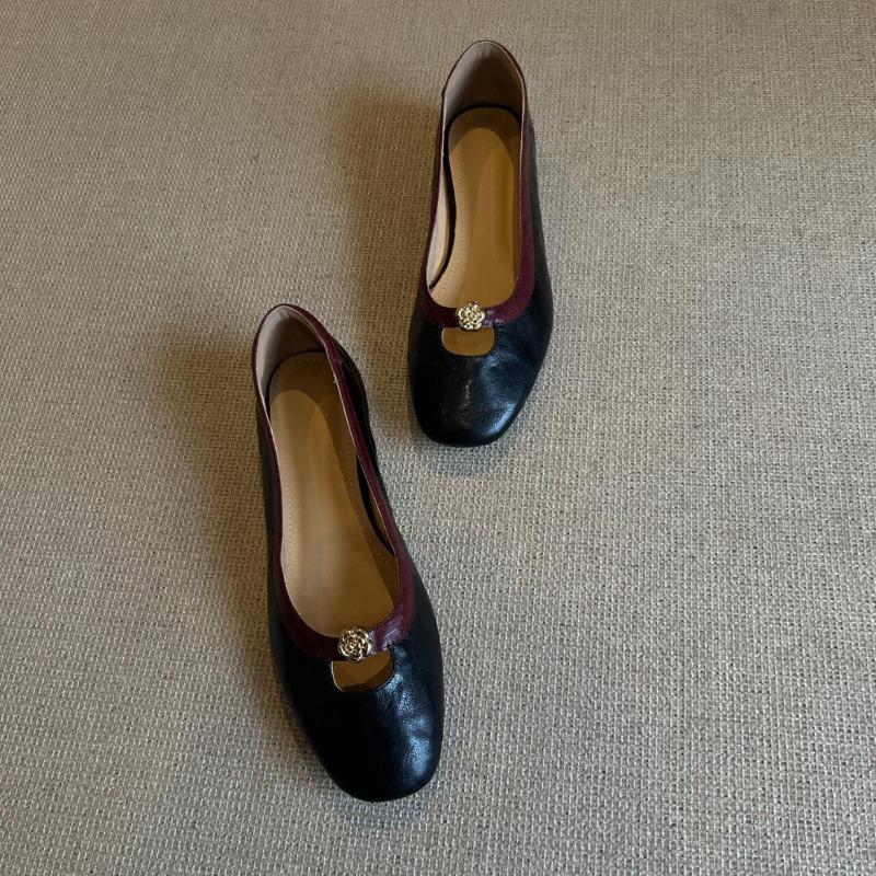 Rindsleder-Version~ Echtes Leder Retro Kamelie flacher Mund Ein-Pedal Einzel-Schuhe Damen Neue flache Schuhe Oma Schuhe