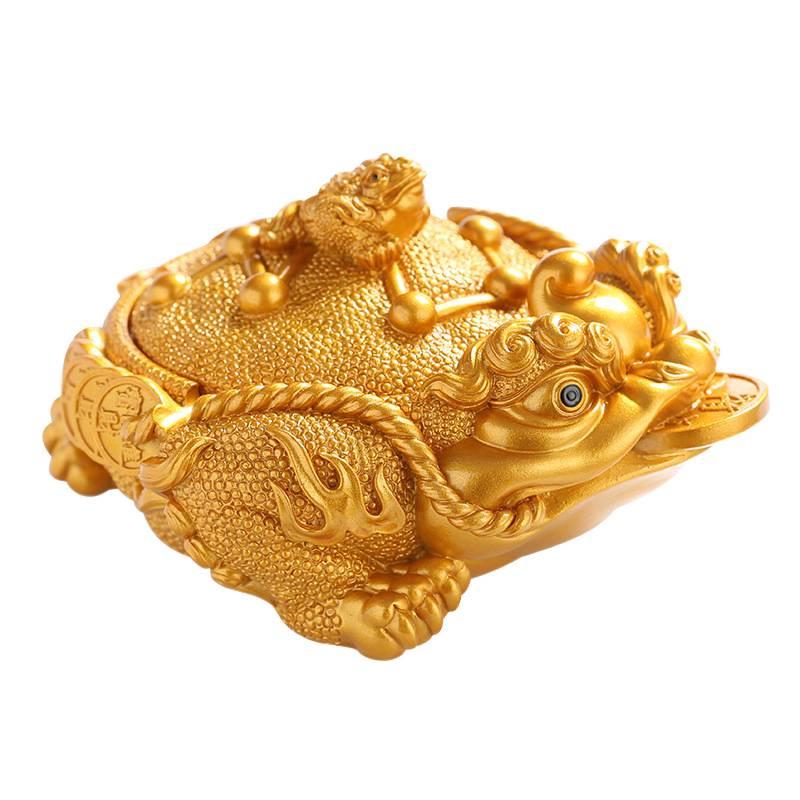 Golden Toad Resin Ashtray with Lid - Chinese Style Ornament for Home, Office, or Tea Table
