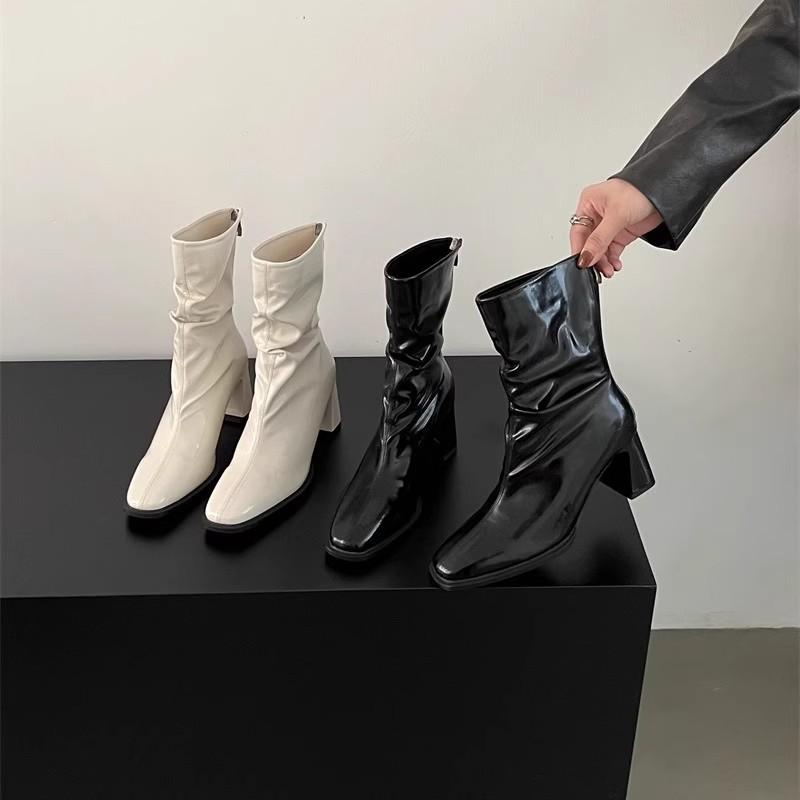 2025 new spring and autumn square head thick heel temperament French high heel elastic thin boots British style pleated stacking boots women