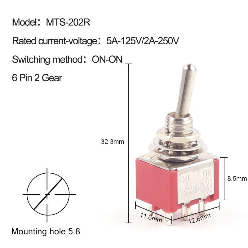 5PCS Miniature Toggle Switch   MTS-102/103/202/203/302/304/402/403 ON-ON  ON-OFF-ON 5A125V 2A250V 3/6/9/12 Pin Mounting 6mm