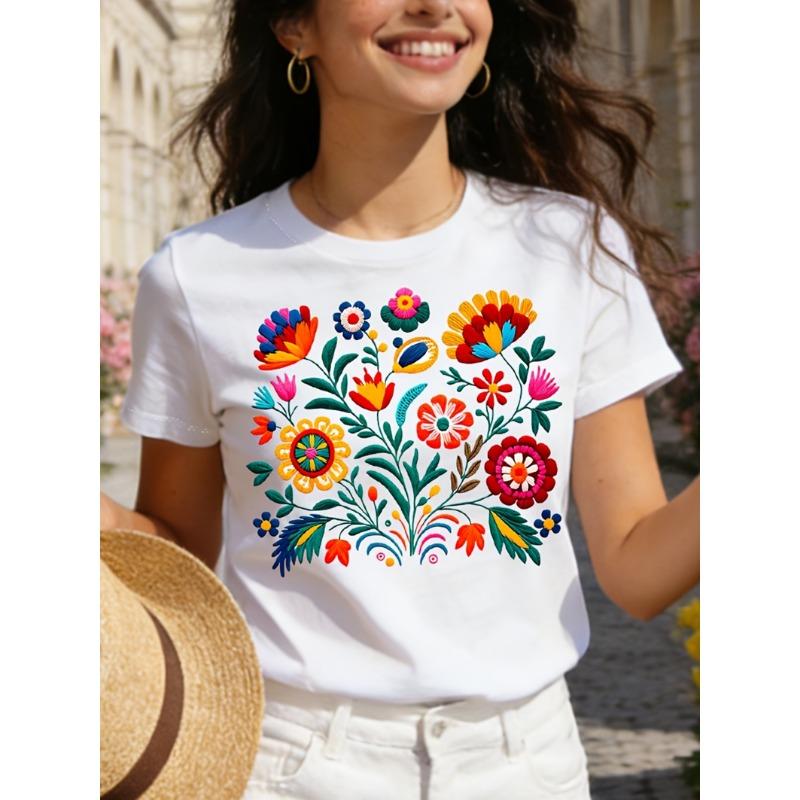 Mexican Colorful Floral Festival Letter Printed T-shirt, Women's Casual Short Sleeved Round Neck Top