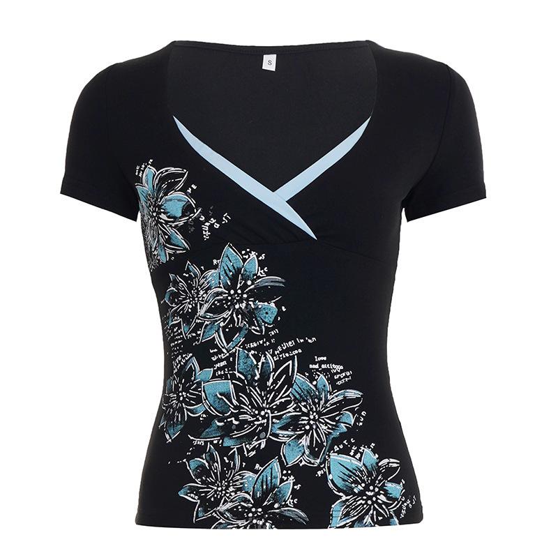 Printed V-neck slim-fit T-shirt, knit color-block base shirt, new top