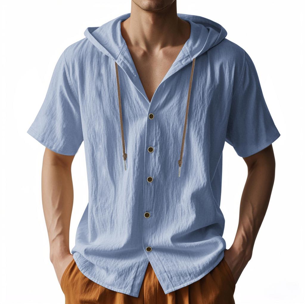 Summer Men's Lightweight Breathable Linen Loose-Fit Hooded Short-Sleeved Shirt