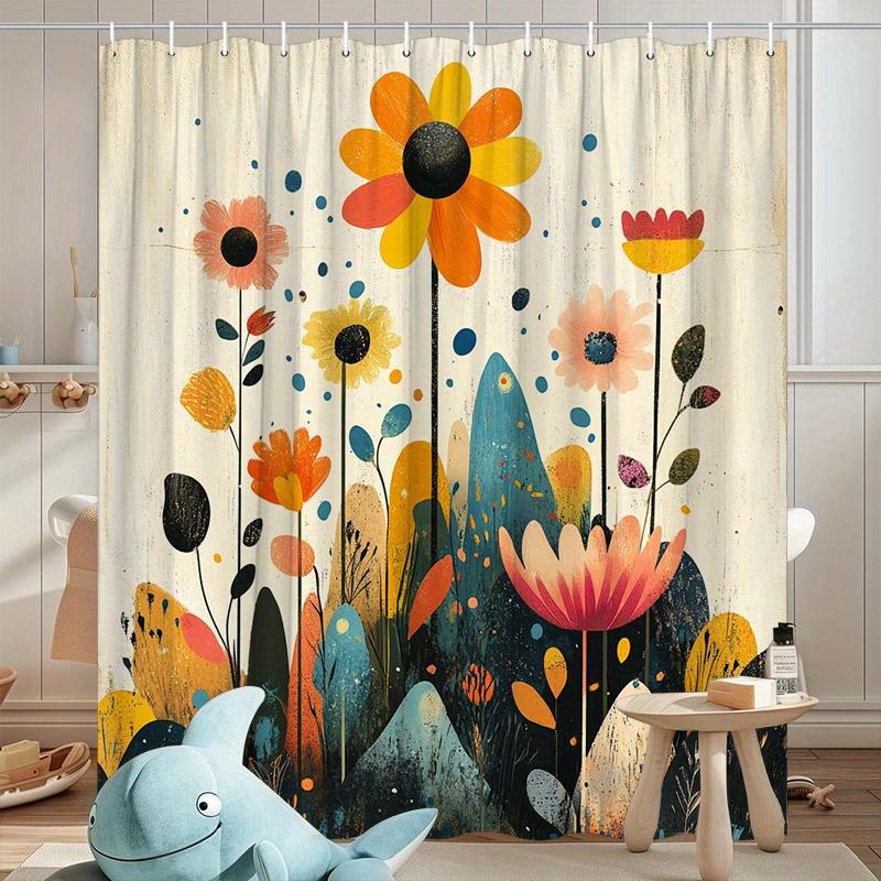 

1 Abstract Garden Shower Curtain With Bright Orange Flowers, Colorful Flowers And Geometric Shapes, With Hooks, Machine Washable W60H190(CM)-1 Pcs