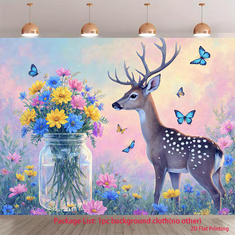 Dreamy Pastel Deer Tapestry, Whimsical Watercolor Fawn in a Wildflower Meadow with Butterflies, Soft Boho Wall Art