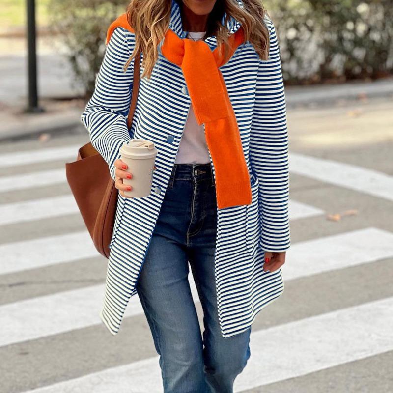 Women's Autumn and Winter New Temperament Striped Cardigan Hooded Knitted Long-sleeved Jacket