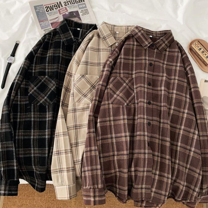 Retro rutig långärmad skjorta för kvinnor - Lös passform, Större storlekar, Koreansk stil Vårjacka