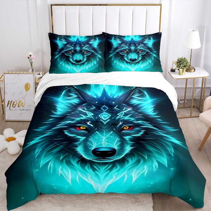 3pcs Mystical Beast with Glowing Blue Fur Wolf Quilt Set Cartoon Themed Bed Quilt Set Lovely Character Bedroom Decor Bed Quilt Set Four Seasons (