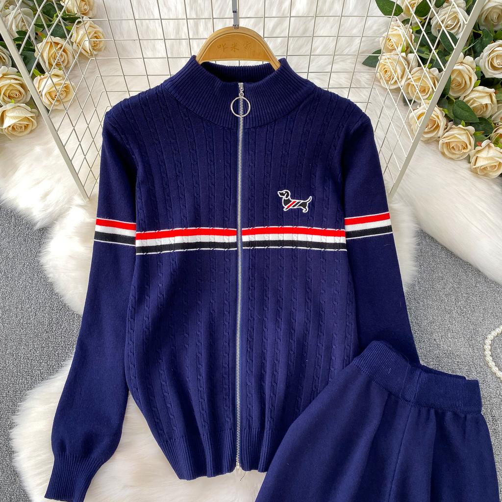 Faionable Knitted Embroidered Striped Set High Waist Wide Leg Pants Zipper Jaet for Women Autumn Season Casual Wear