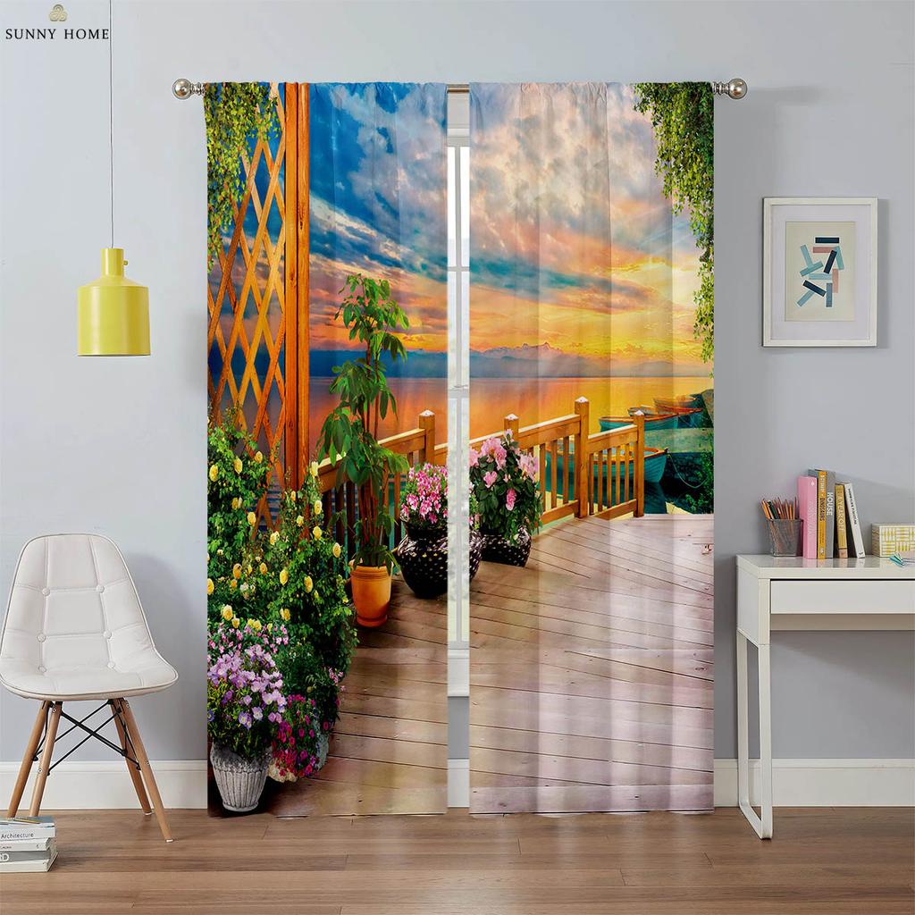 Floral Landscape Oil Painting Printed Curtains Machine Washable Rod Pocket Bedroom Living Room Kitchen Decorative Curtains 2PCS