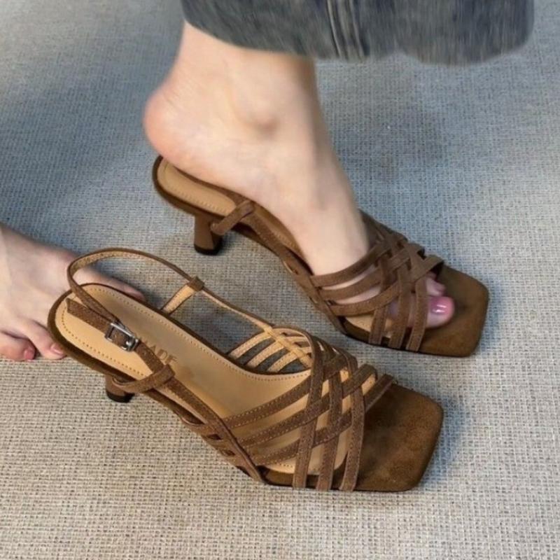 High Heels Women Sandals Elegant Square Toe Heeled Shoes Designer 2025 New Summer Roman Slippers Dress Party Woman Pumps Zapatos