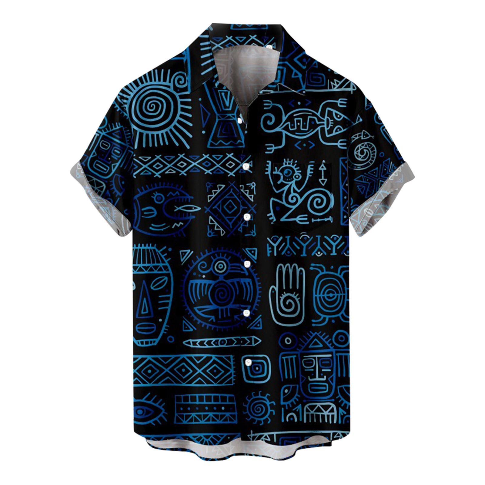 

Мужская повседневная пляжная праздничная одежда с лацканами, модная рубашка, гавайская рубашка с короткими рукавами L синий