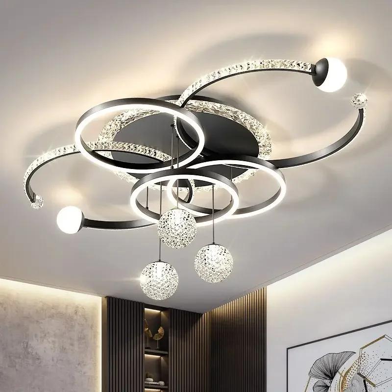Nordic Luxury Crystal LED Ceiling Light Modern Simple Living Room Home Atmosphere Bedroom Lighting 6-ring Pendant Light