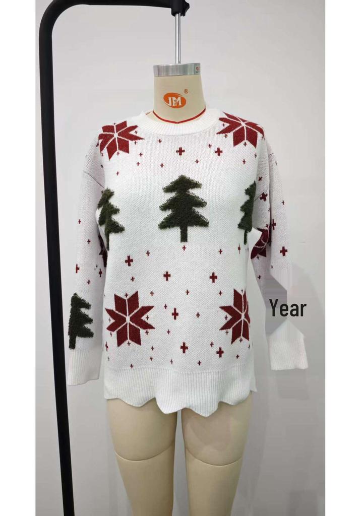 2026 Winter Snowflake Christmas Tree Print Women's Loose Knit Sweater