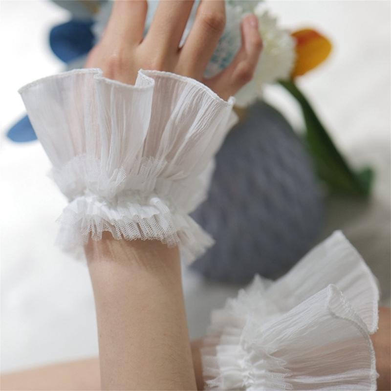 Women Wrist Cuffs Removable Lace Ruffled Wedding Supply Bride Dress False Sleeves Tulle Flared Sleeves