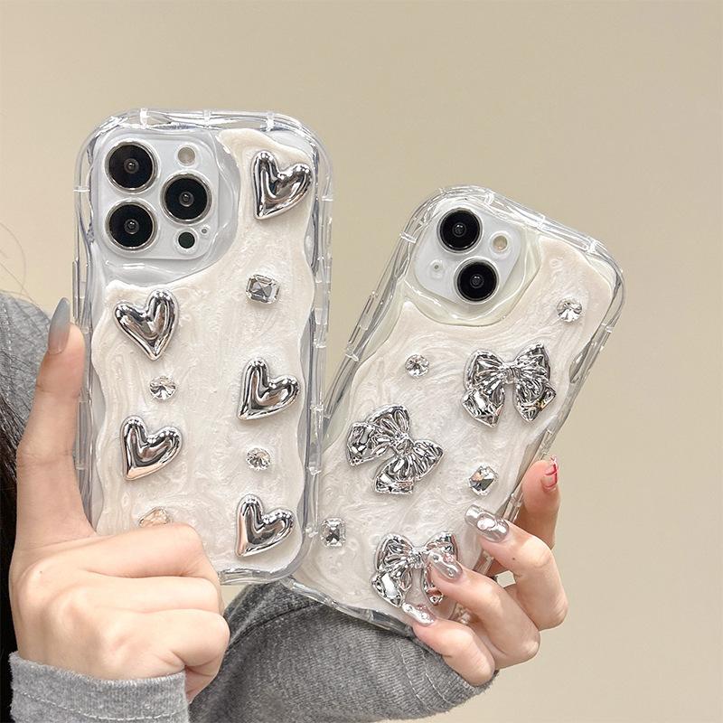 Galvanisiertes Silber Schleife Liebe Handyhülle für Apple 17 Promax Rundumschutz für IPhone 16 Strass Ins