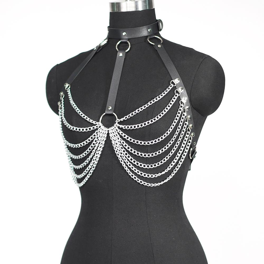 

Sexy Leather Chain-Style Bustier With Adjustable Straps, Y2K Style, Women S Carnival Party Costume Accessory 43cm