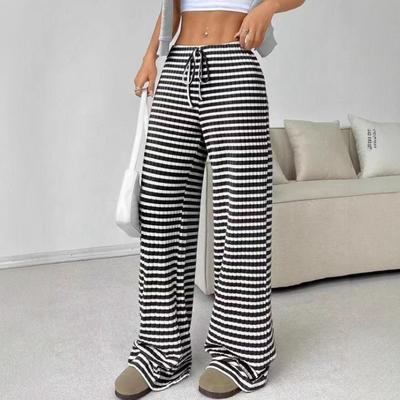 2025 Autumn Winter European American Fashion New Casual Striped Solid Color Drawstring Cotton Straight Pants