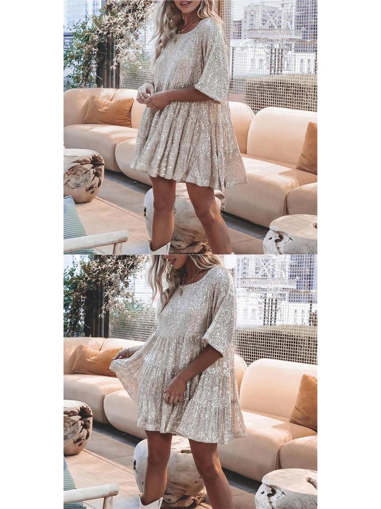 Euro-American Sequin Colorblock Evening Gown: Short Sleeve, Loose Fit, Round Neck