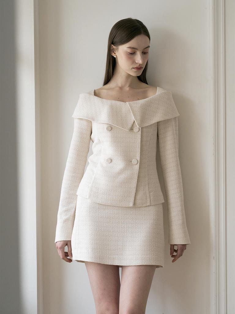Peulomdeimomeonteu Merry Tweed Off-Shoulder Jacket & Skirt Setup_Cream