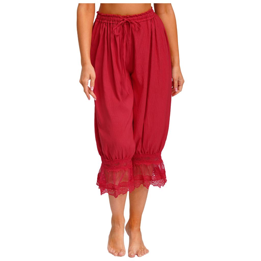 S-L Women's Lace Trim Bloomers: Versatile Midi Harem Pants with Drawstring, Loose Wear & Medieval Pirate Costume