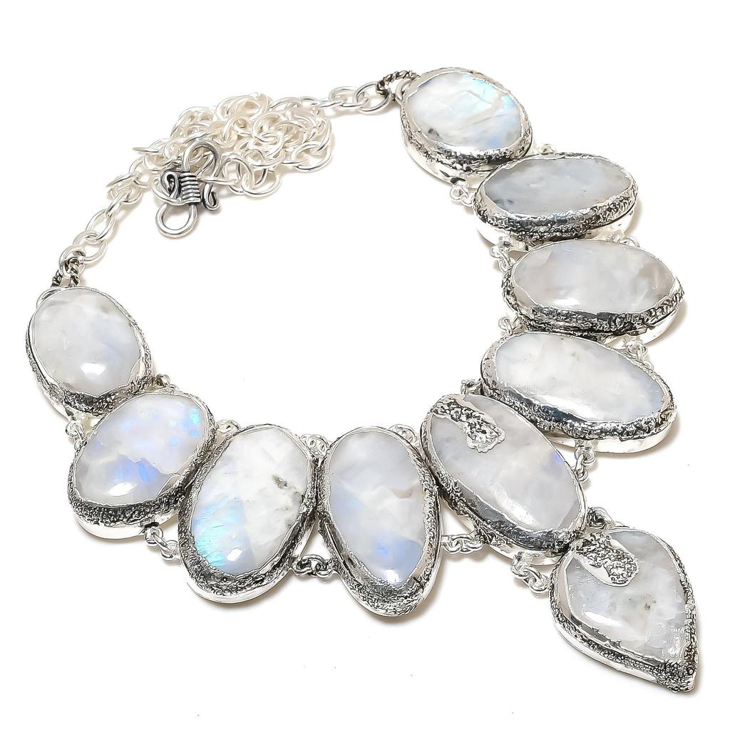 Natural Rainbow Moonstone Gemstone Handmade 925 Sterling Silver Electroform Necklace, Moonstone Silver For Wife Unisex Necklace Love Gifts