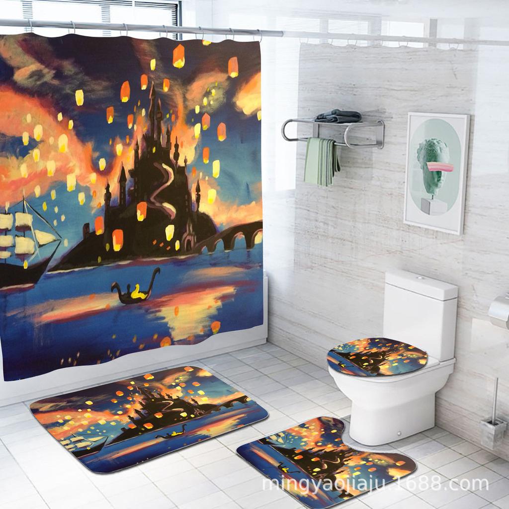 Direct Supply Digital Printing Shower Curtain Bathroom Partition Curtain Bathroom Floor Mat Four-Piece Set Three-Piece Set