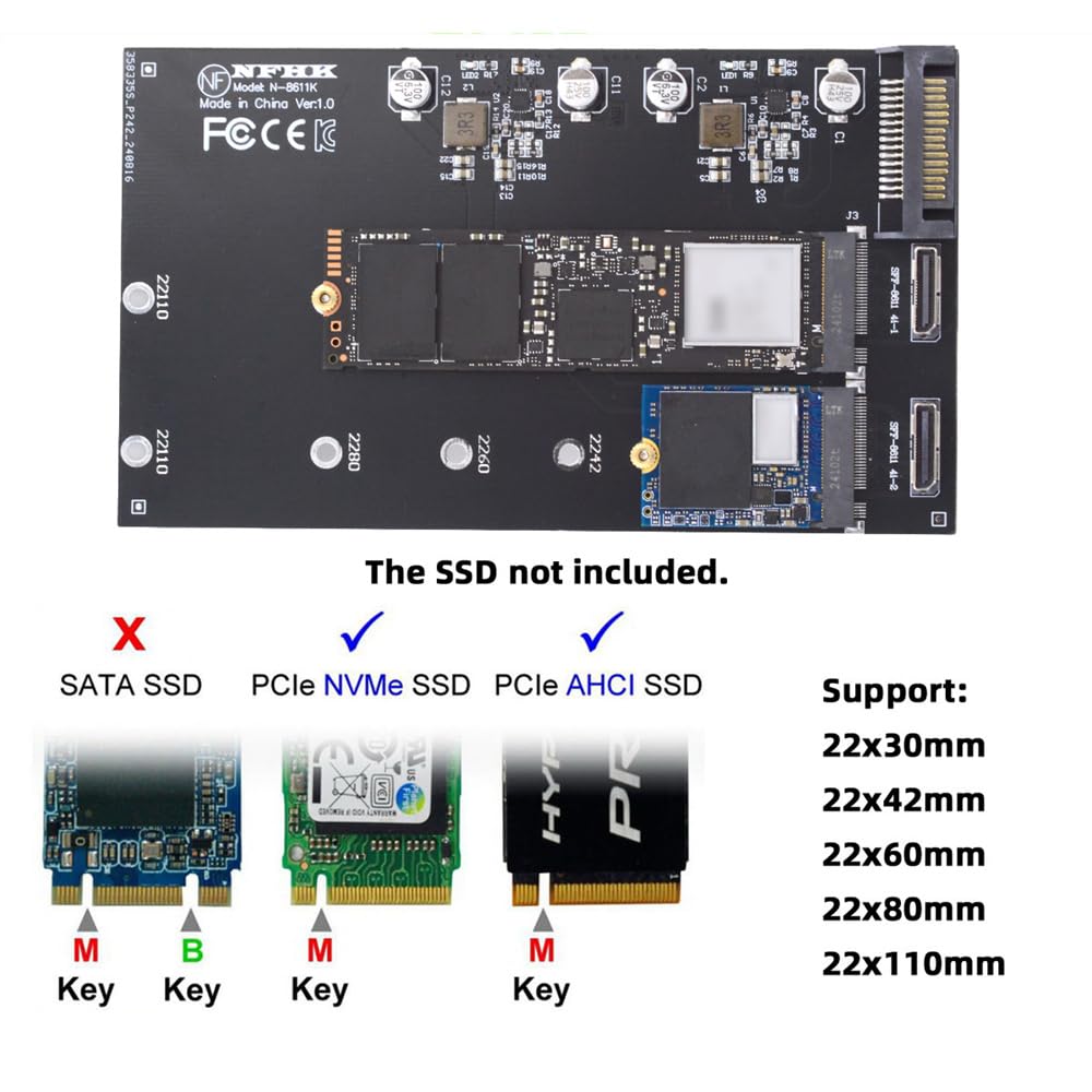 Cablecc Dual Oculink to NVMe NGFF PCIe SSD 2280 22110mm Adapter SFF-8612 SFF-8611 M-Key M.2 (for Motherboard)