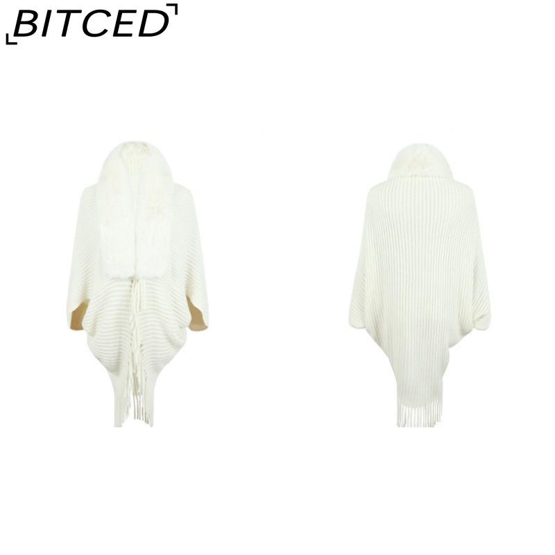 BITCED Autumn/Winter Fringe Shawl with Fur Collar – Women's Knitted Cape Coat
