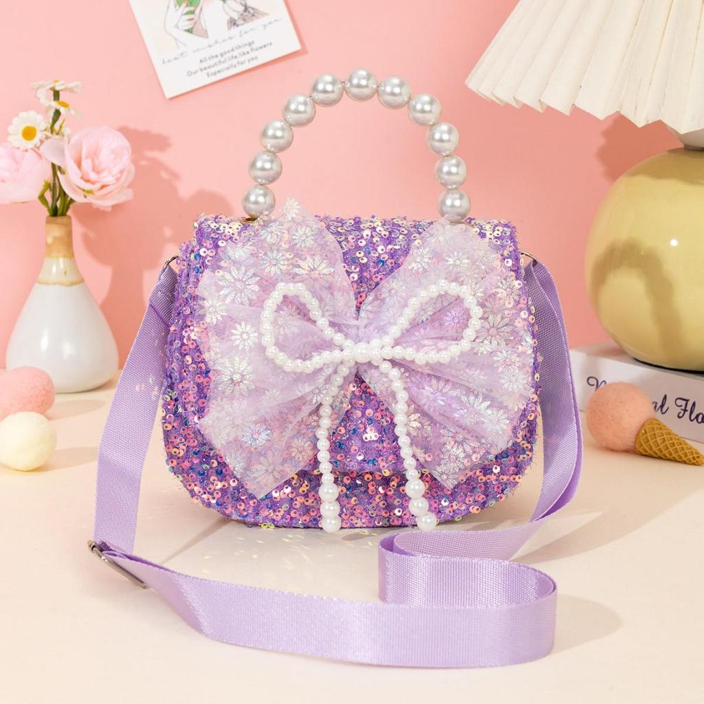 Korean Style Girls' Crossbody Bag with Bowknot, Pearl Details, and Sequin Crystal Patch