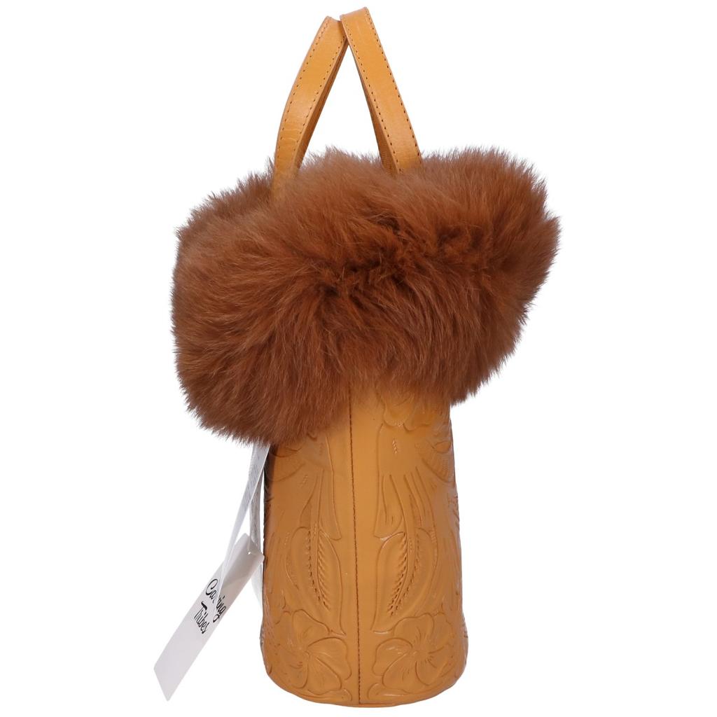 CARVING TRIBES [47482505] Marisol Carved Leather with Fox Fur Tote Bag mustardUsed