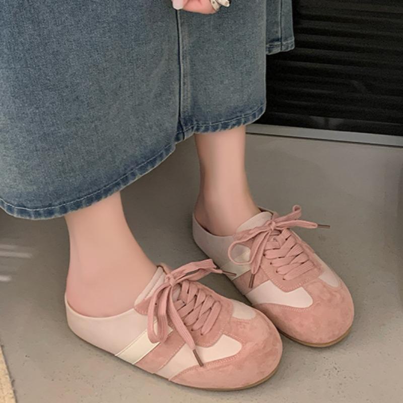 Fashion Spring Baotou Slippers for Women New Style Round Head Deep Mouth Splicing Front Lacing Soft Sole Non-slip Flat Shoes