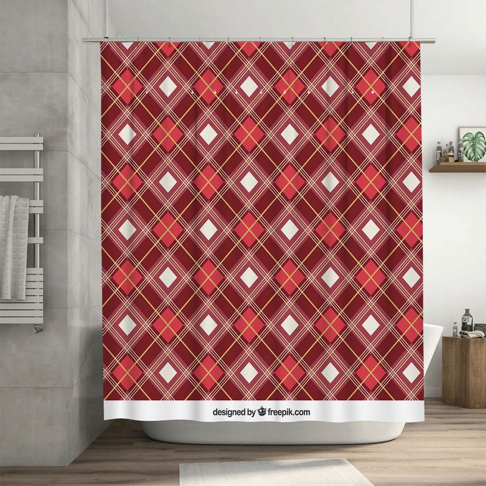 Black Red White Plaid Shower Curtain Waterproof Printed Fabric Bathroom Decor Modern Style with Rod Set