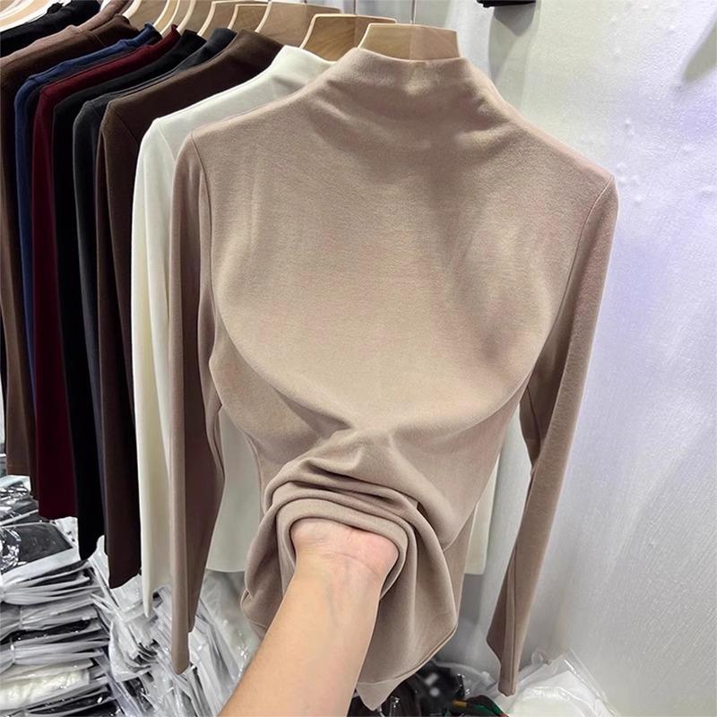 Half turtleneck bottoming shirt for women in autumn and winter with tight mid-collar white t-shirt plus velvet