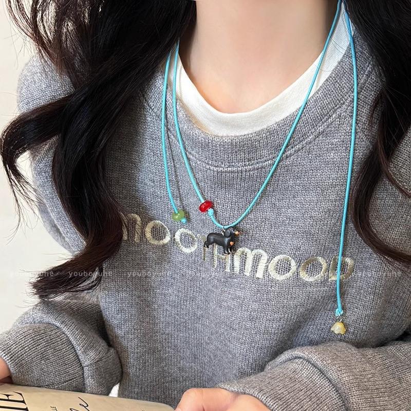 Adorable Puppy Pendant Necklace with Removable Leather Rope - Versatile Long Clavicle Chain for Women