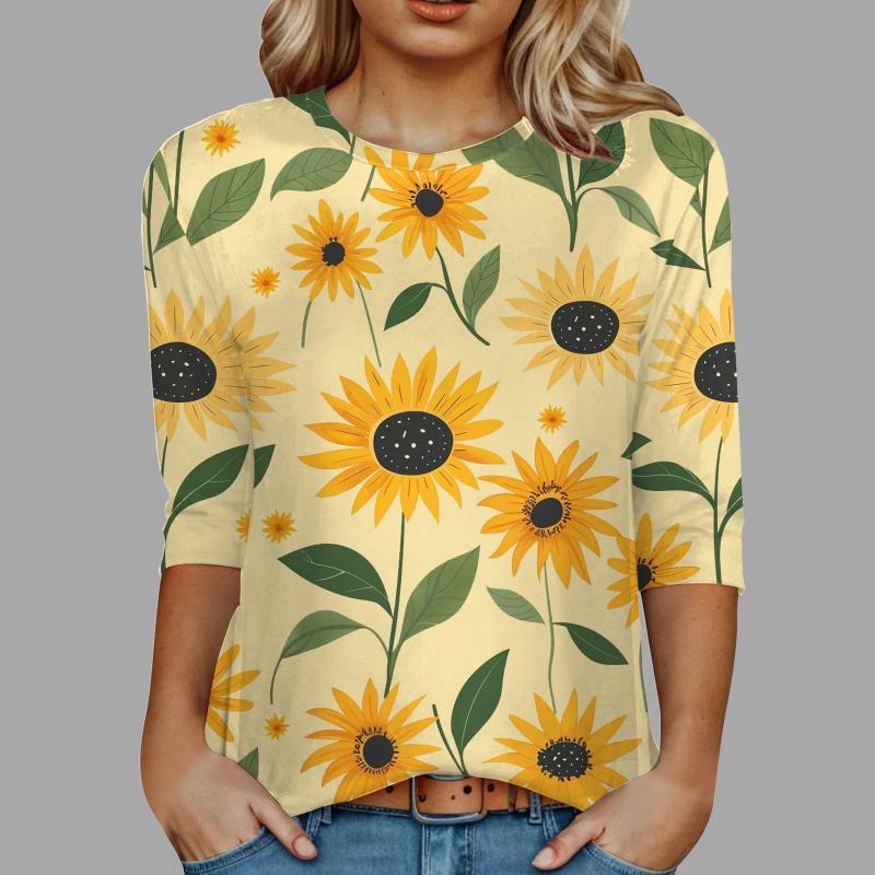 Women Fashion Sunflower Print Crew Neck T Shirt 3/4 Sleeve Wide Print Crew Neck Shirt T Shirts Women